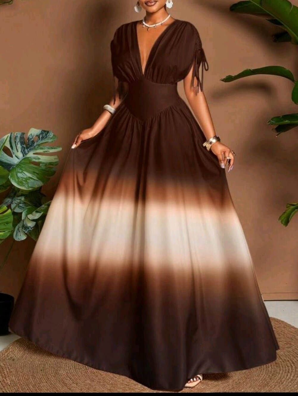 Coffee Ombre V-Neck Women’s Maxi Dress - Picture 4 of 7